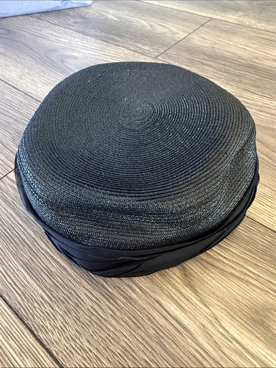 Vintage Black Pillbox Cocktail Hat Satin Trim Woven Formal Church Jackie O Style
